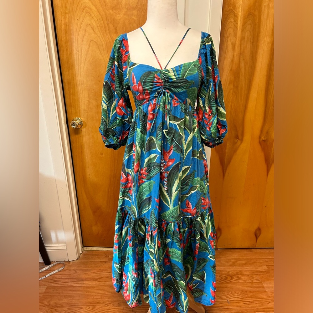 Farm Rio dream garden tropical midi puff long sleeve cotton dress